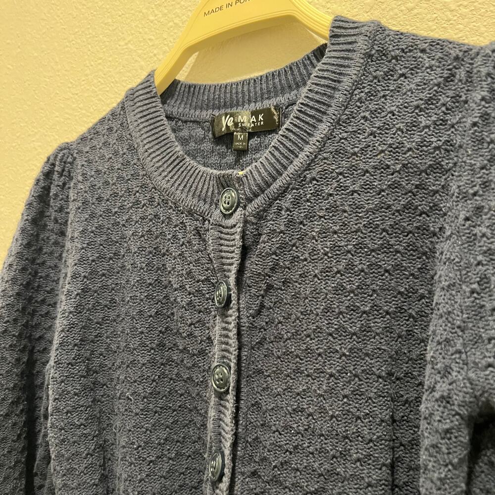 YEMAK Navy Blue Crochet Knit Cropped Cardigan 3/4 Sleeve Crewneck Vintage Style - Picture 5 of 7